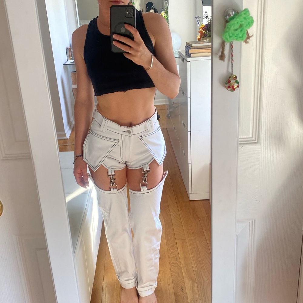 White Cut-Out Bondage Pants with Clip Details